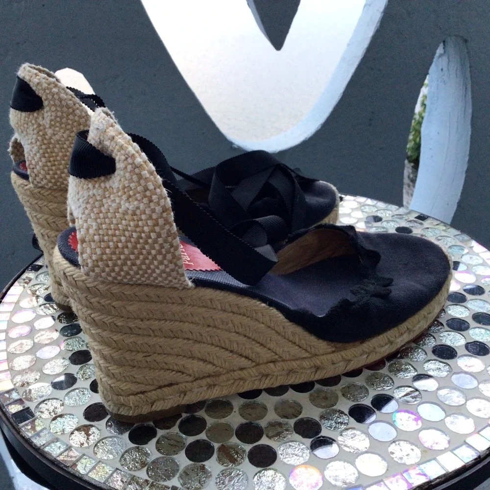 Christian Louboutin Black and Navy Espadrille Wedge Ankle Wrap Ribbon Sandals